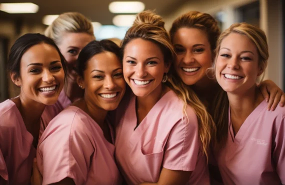 A group of women wearing pink scrub suits, standing together and smiling in a hospital setting.