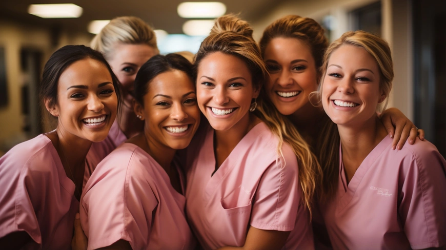 A group of women wearing pink scrub suits, standing together and smiling in a hospital setting.