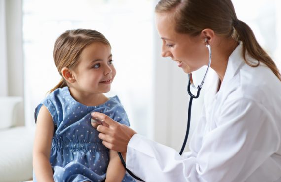 Woman, child and stethoscope of pediatrician for healthcare consulting, check lungs and listening to heartbeat. Medical doctor, girl kid and chest assessment in clinic, hospital