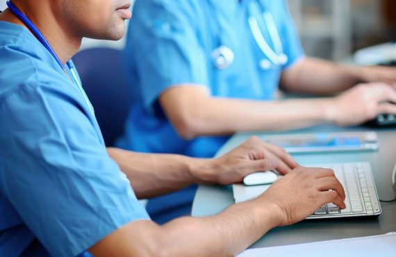 male nurse listens to male patient male triage nurse assesses patient prior to treatment . He is wearing blue scrubs and typing on the computer keyboard as the patient explains his problem .