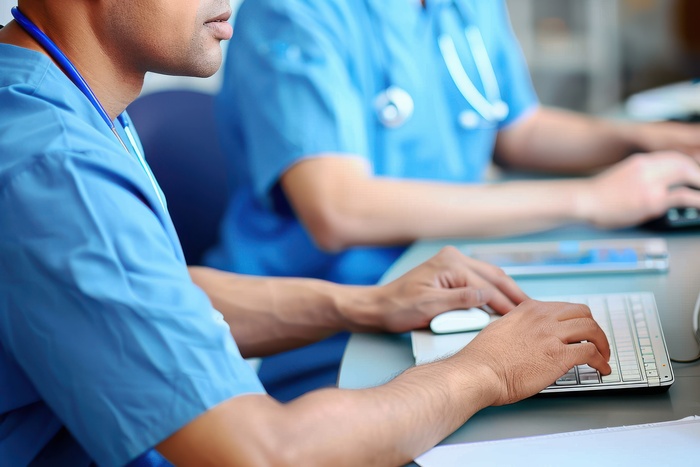 male nurse listens to male patient male triage nurse assesses patient prior to treatment . He is wearing blue scrubs and typing on the computer keyboard as the patient explains his problem .